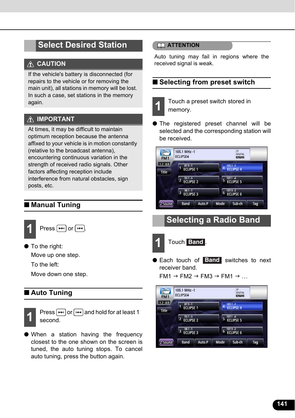 Select desired station, Manual tuning, Auto tuning | Selecting from preset switch, Selecting a radio band | Eclipse - Fujitsu Ten ECLIPSE AVN726E User Manual | Page 143 / 230