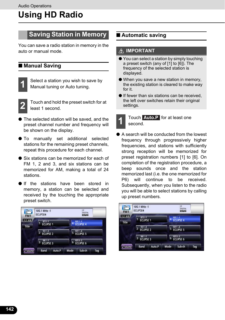 Saving station in memory, Manual saving, Automatic saving | Manual saving automatic saving, Using hd radio | Eclipse - Fujitsu Ten ECLIPSE AVN726E User Manual | Page 144 / 230