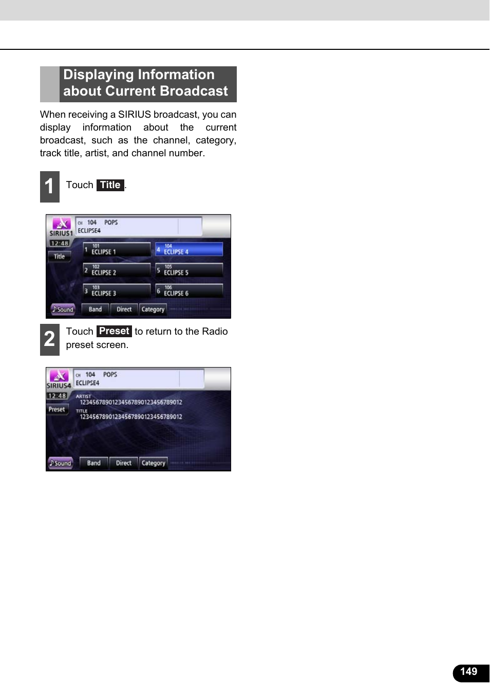 Displaying information about current broadcast | Eclipse - Fujitsu Ten ECLIPSE AVN726E User Manual | Page 151 / 230