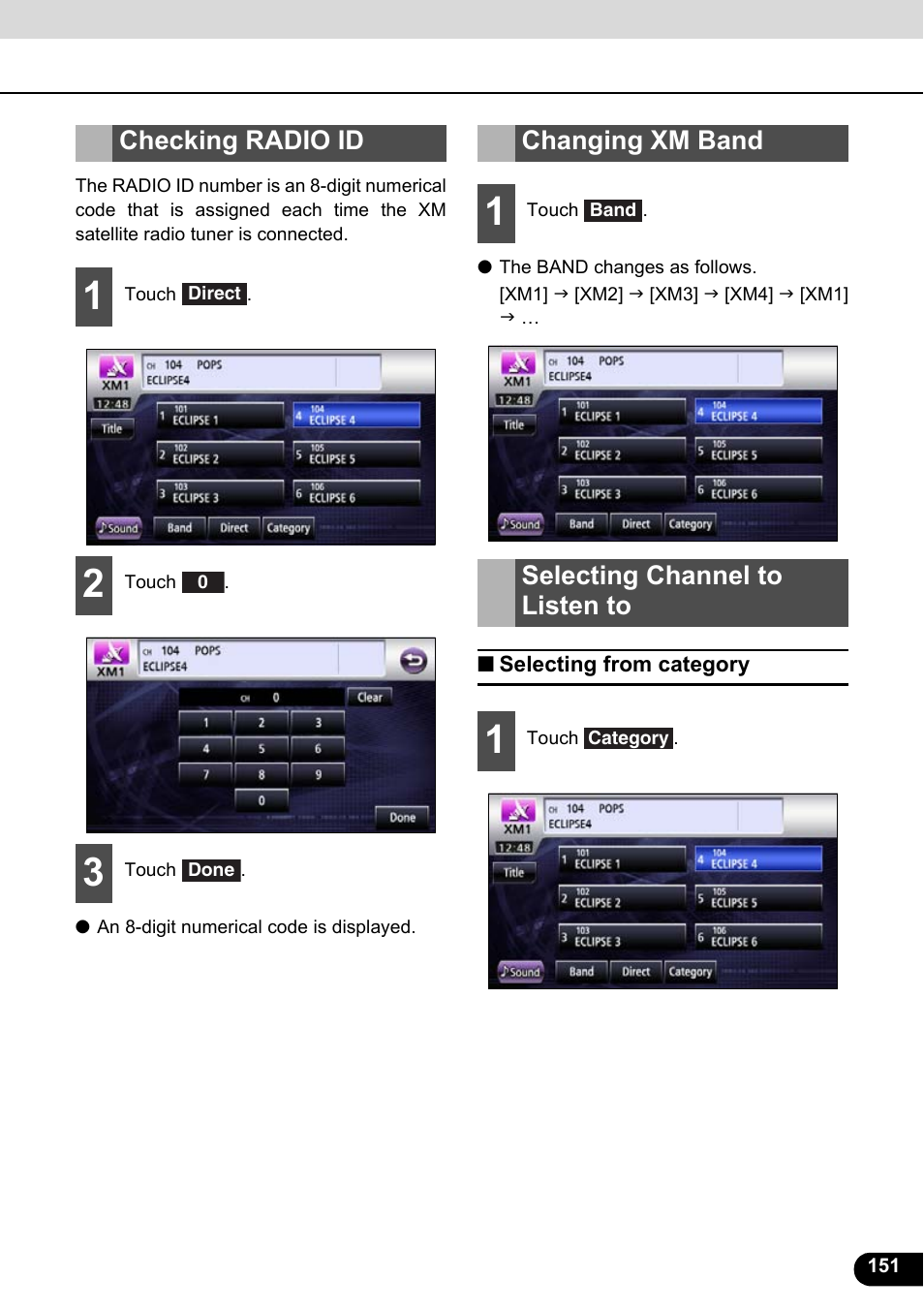 Checking radio id, Changing xm band, Selecting channel to listen to | Selecting from category | Eclipse - Fujitsu Ten ECLIPSE AVN726E User Manual | Page 153 / 230