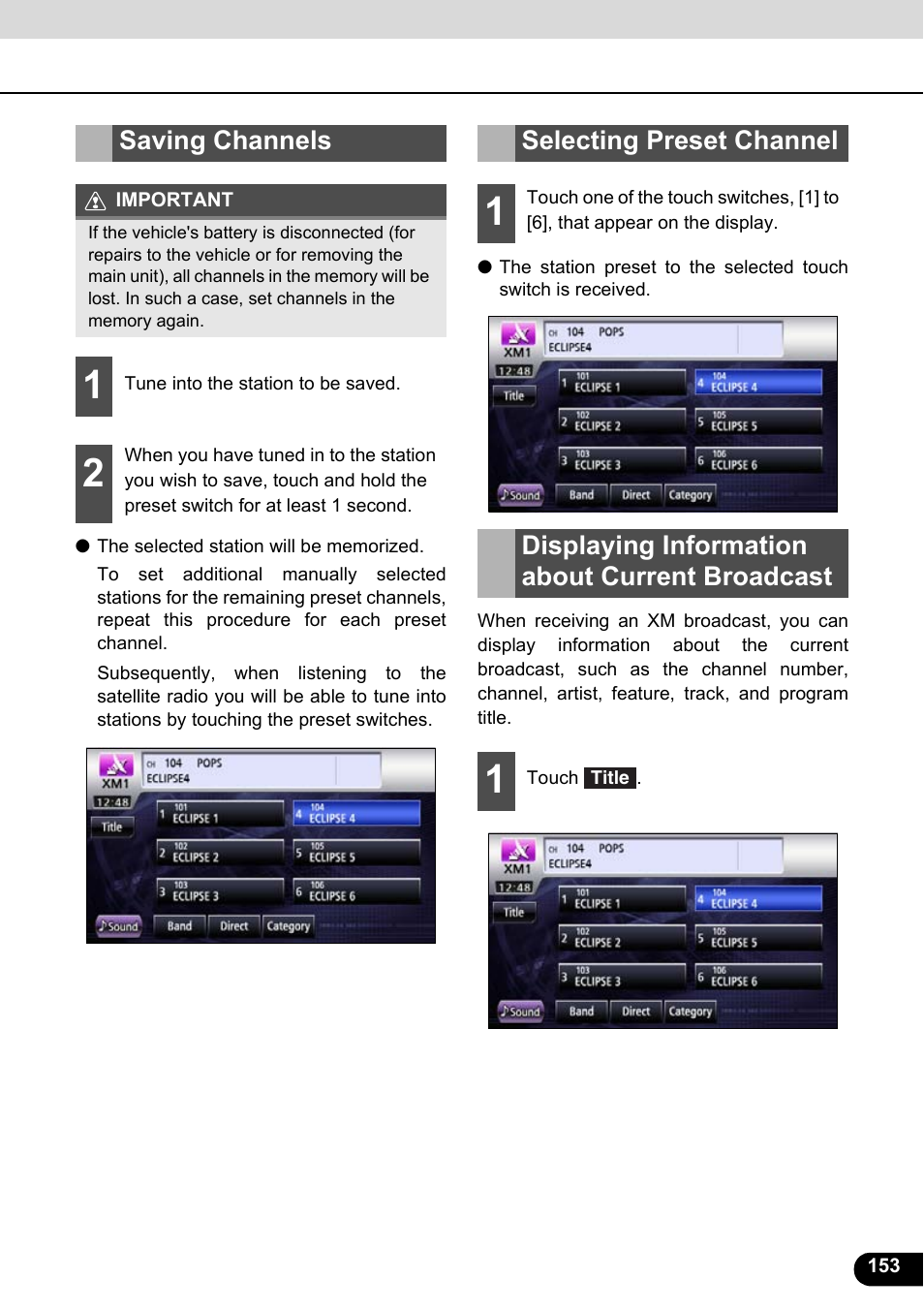 Saving channels, Selecting preset channel, Displaying information about current broadcast | Eclipse - Fujitsu Ten ECLIPSE AVN726E User Manual | Page 155 / 230