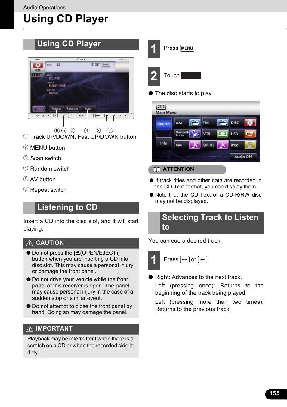 Using cd player, Listening to cd, Selecting track to listen to | Using cd player listening to cd | Eclipse - Fujitsu Ten ECLIPSE AVN726E User Manual | Page 157 / 230