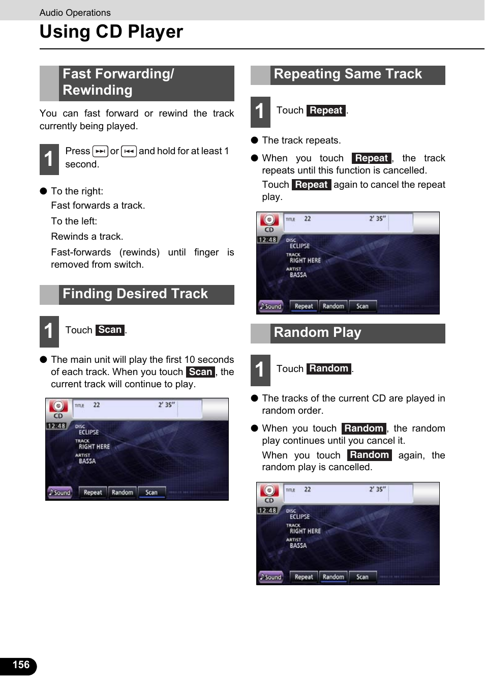 Fast forwarding/rewinding, Finding desired track, Repeating same track | Random play, Using cd player, Fast forwarding/ rewinding | Eclipse - Fujitsu Ten ECLIPSE AVN726E User Manual | Page 158 / 230