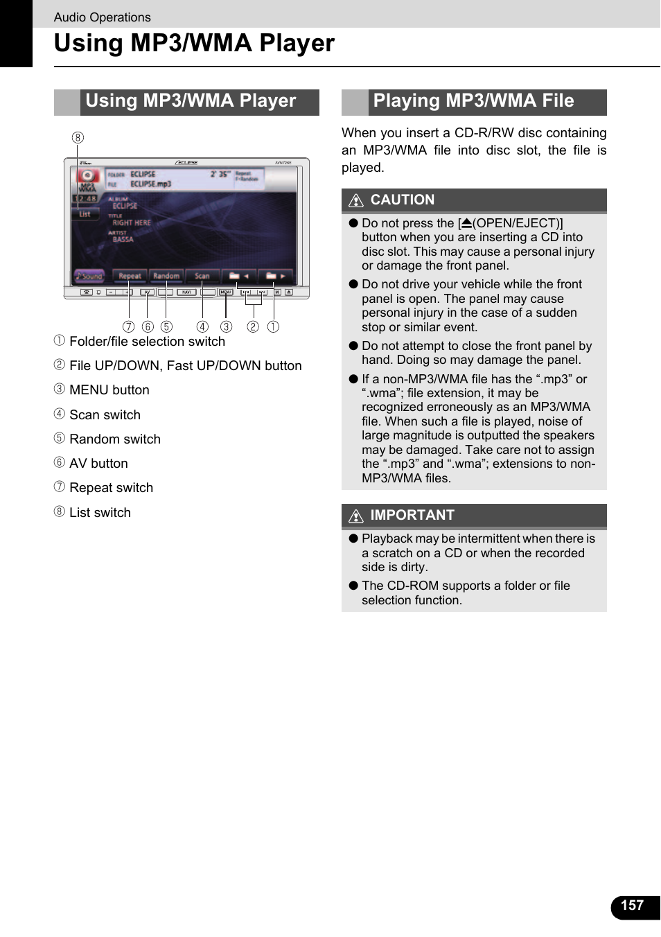 Using mp3/wma player, Playing mp3/wma file, Using mp3/wma player playing mp3/wma file | Eclipse - Fujitsu Ten ECLIPSE AVN726E User Manual | Page 159 / 230