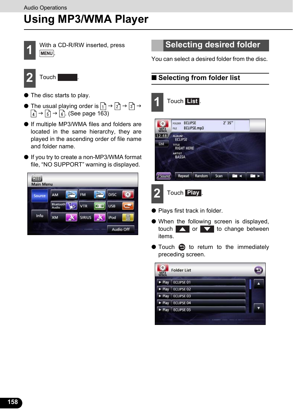 Selecting desired folder, Selecting from folder list, Using mp3/wma player | Eclipse - Fujitsu Ten ECLIPSE AVN726E User Manual | Page 160 / 230