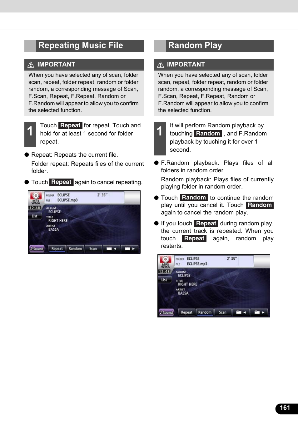 Repeating music file, Random play, Repeating music file random play | Eclipse - Fujitsu Ten ECLIPSE AVN726E User Manual | Page 163 / 230