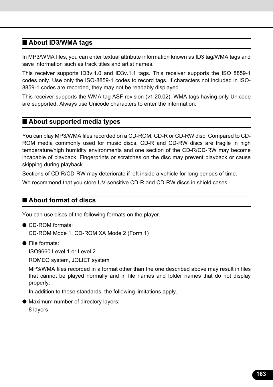 About id3/wma tags, About supported media types, About format of discs | Eclipse - Fujitsu Ten ECLIPSE AVN726E User Manual | Page 165 / 230