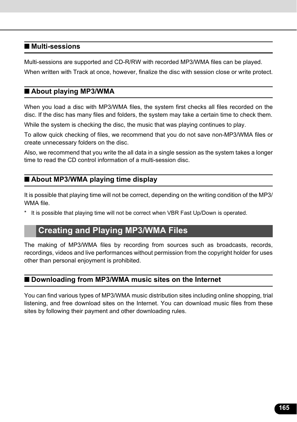 Multi-sessions, About playing mp3/wma, About mp3/wma playing time display | Creating and playing mp3/wma files | Eclipse - Fujitsu Ten ECLIPSE AVN726E User Manual | Page 167 / 230