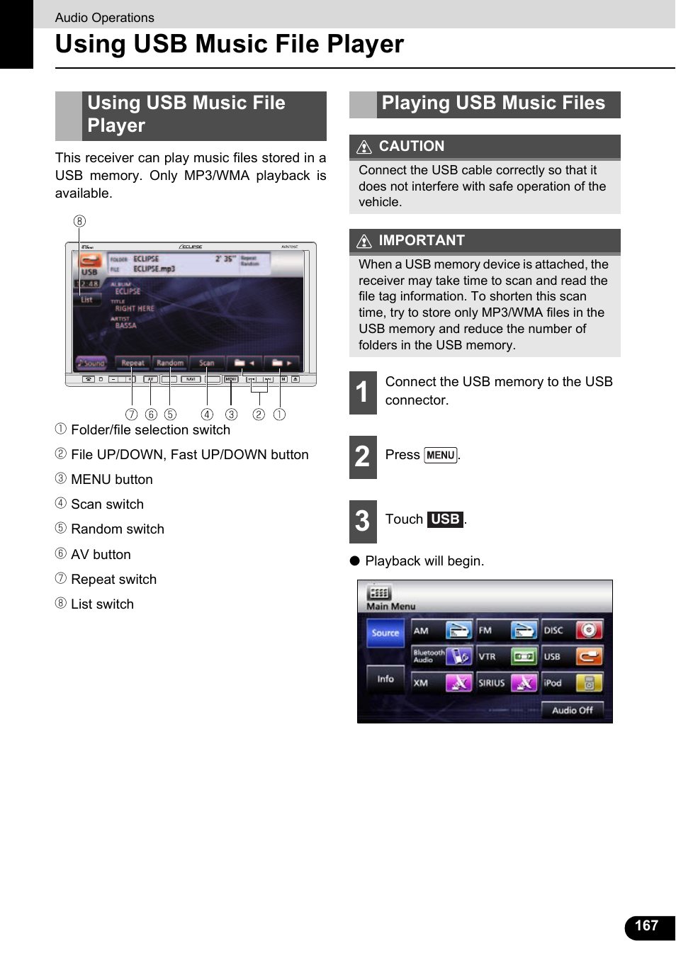 Using usb music file player, Playing usb music files | Eclipse - Fujitsu Ten ECLIPSE AVN726E User Manual | Page 169 / 230