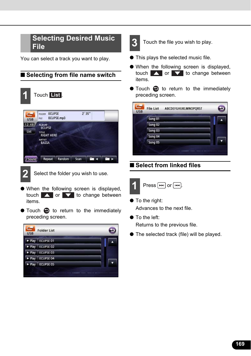 Selecting desired music file, Selecting from file name switch, Select from linked files | Eclipse - Fujitsu Ten ECLIPSE AVN726E User Manual | Page 171 / 230