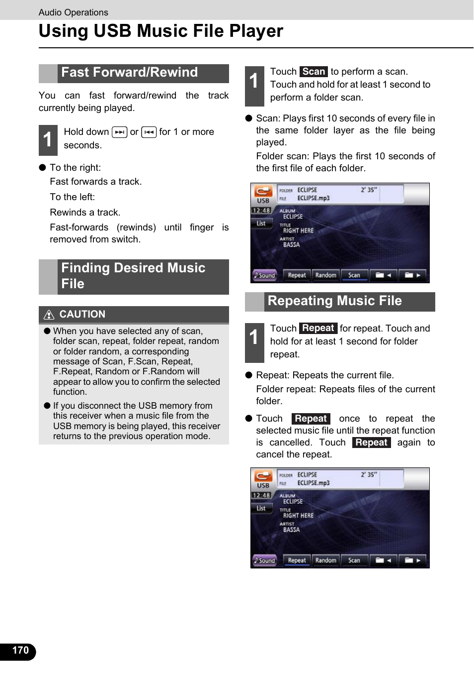 Fast forward/rewind, Finding desired music file, Repeating music file | Using usb music file player | Eclipse - Fujitsu Ten ECLIPSE AVN726E User Manual | Page 172 / 230