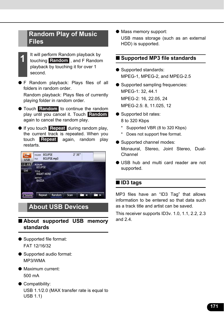 Random play of music files, About usb devices, About supported usb memory standards | Supported mp3 file standards, Id3 tags, Random play of music files about usb devices | Eclipse - Fujitsu Ten ECLIPSE AVN726E User Manual | Page 173 / 230