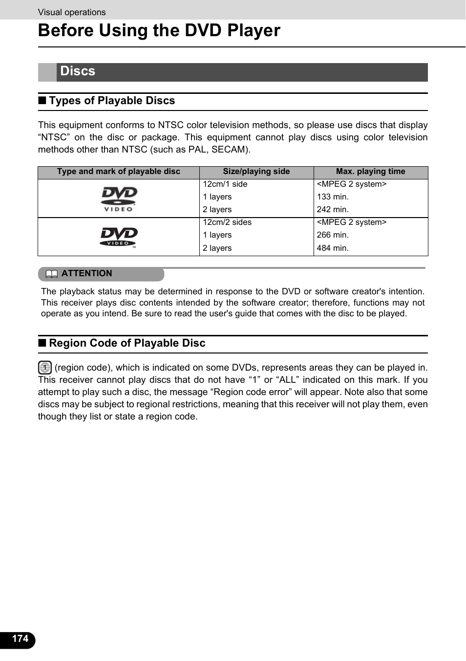 Discs, Types of playable discs, Region code of playable disc | Before using the dvd player | Eclipse - Fujitsu Ten ECLIPSE AVN726E User Manual | Page 176 / 230