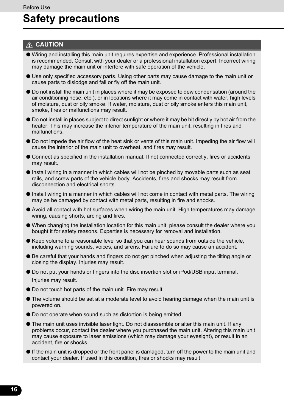 Safety precautions | Eclipse - Fujitsu Ten ECLIPSE AVN726E User Manual | Page 18 / 230