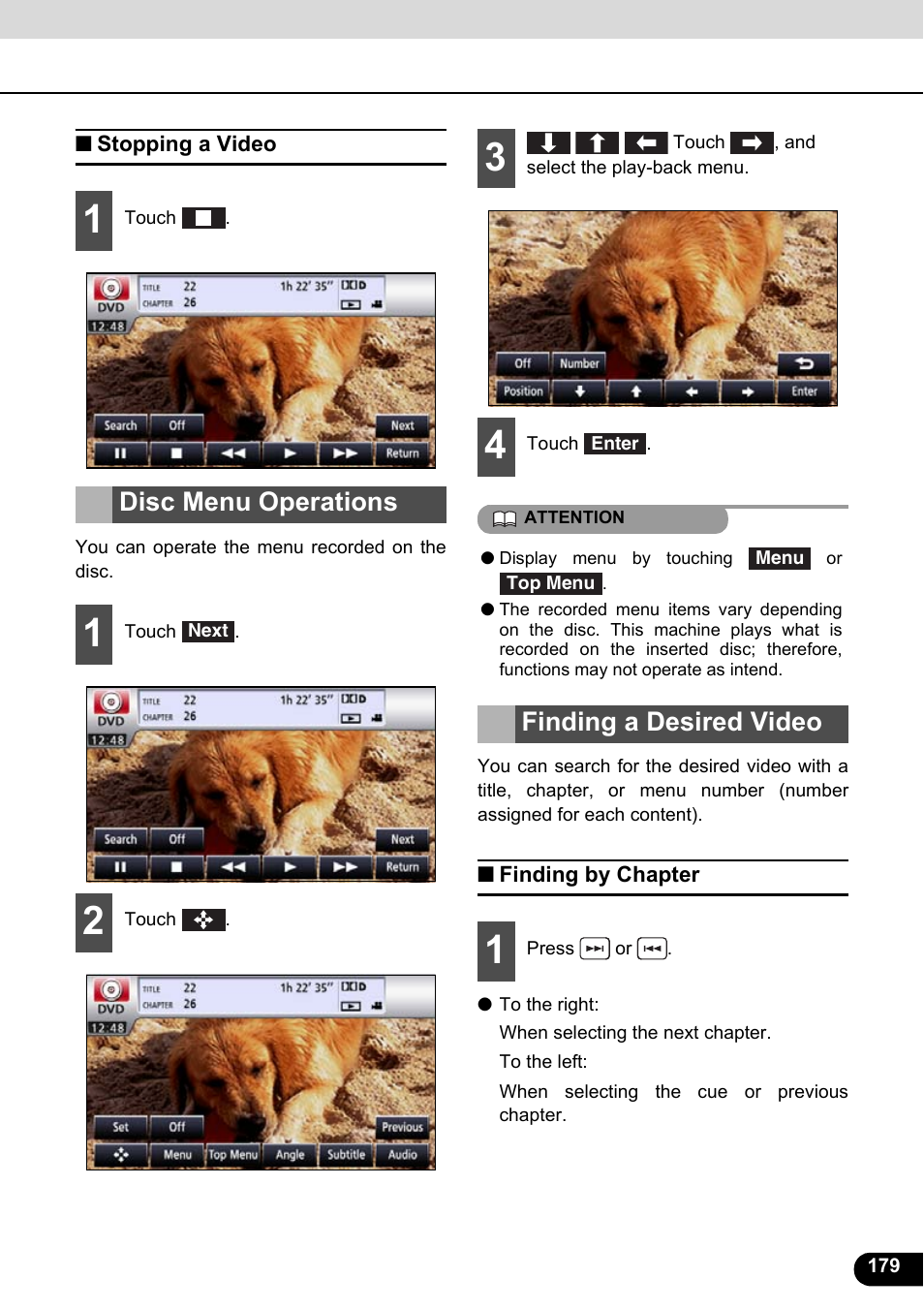 Stopping a video, Disc menu operations, Finding a desired video | Finding by chapter, Disc menu operations finding a desired video | Eclipse - Fujitsu Ten ECLIPSE AVN726E User Manual | Page 181 / 230