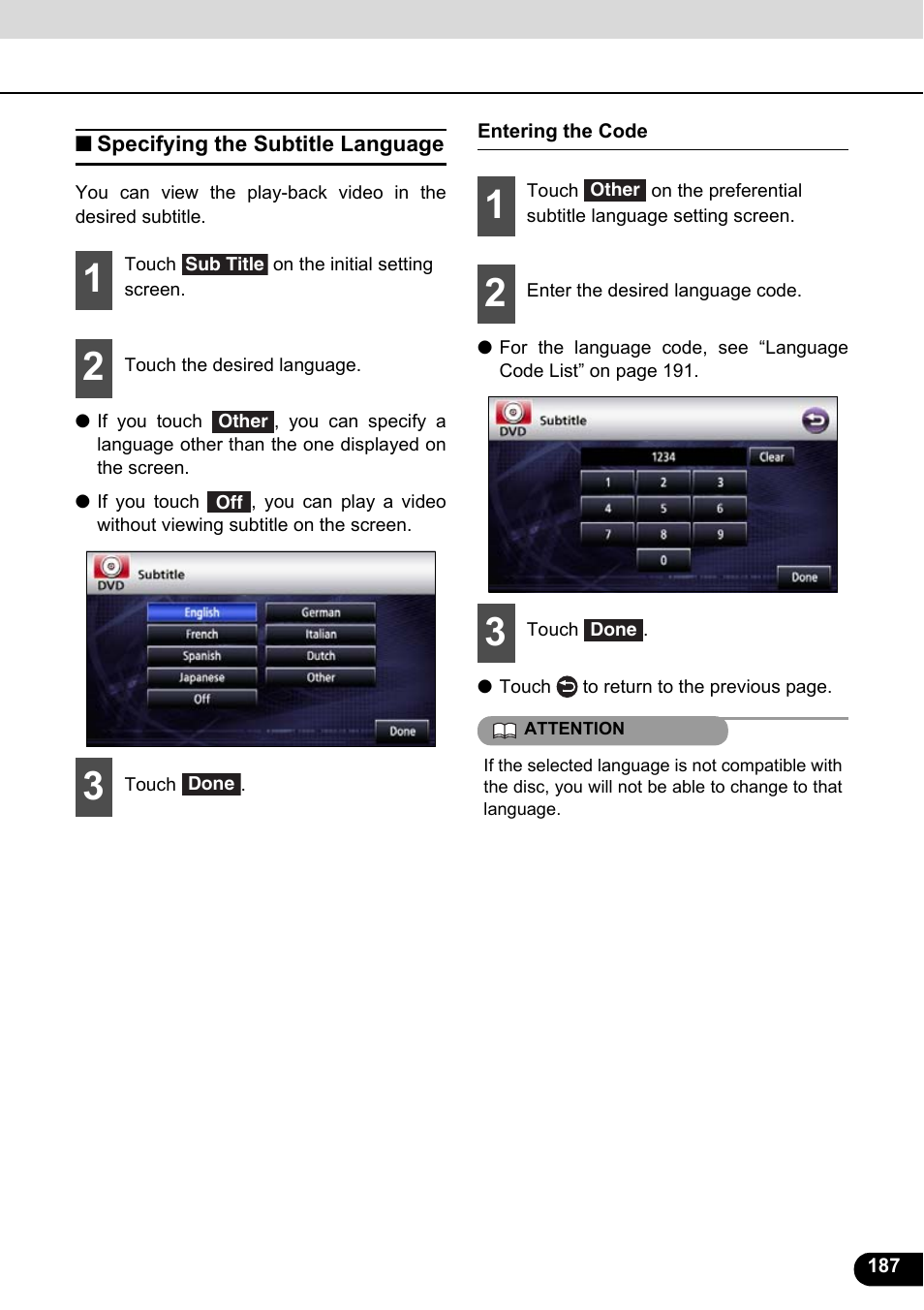 Specifying the subtitle language, Entering the code | Eclipse - Fujitsu Ten ECLIPSE AVN726E User Manual | Page 189 / 230