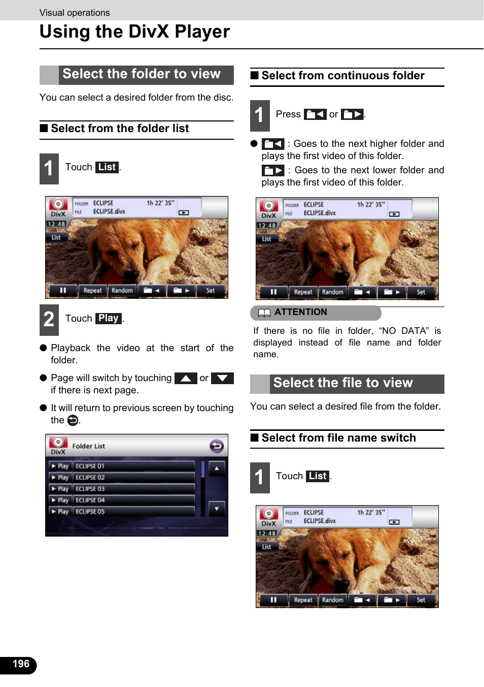 Select the folder to view, Select from the folder list, Select from continuous folder | Select the file to view, Select from file name switch, Using the divx player | Eclipse - Fujitsu Ten ECLIPSE AVN726E User Manual | Page 198 / 230
