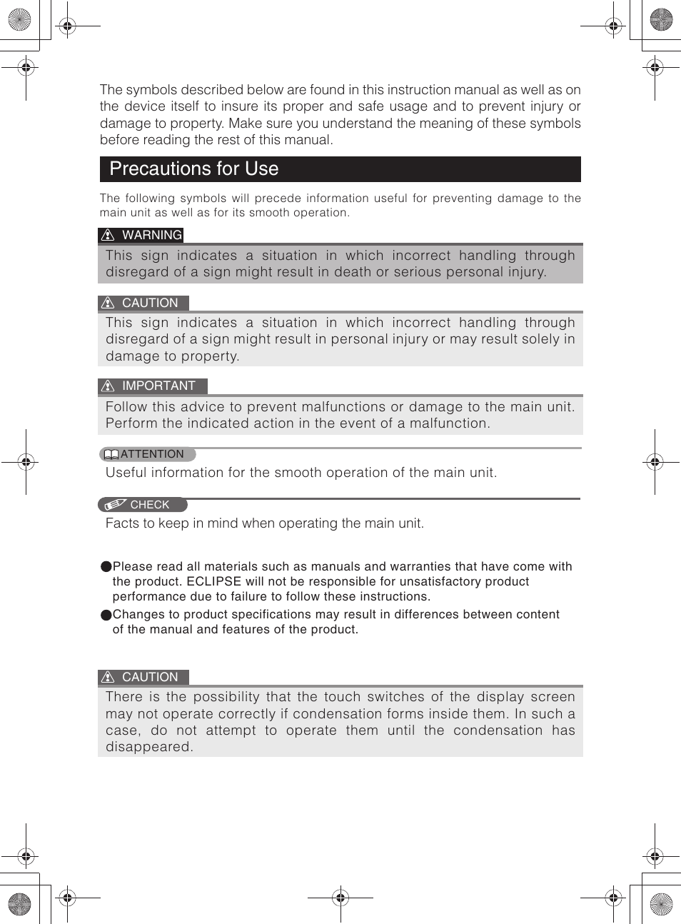 Precautions for use | Eclipse - Fujitsu Ten ECLIPSE AVN726E User Manual | Page 2 / 230