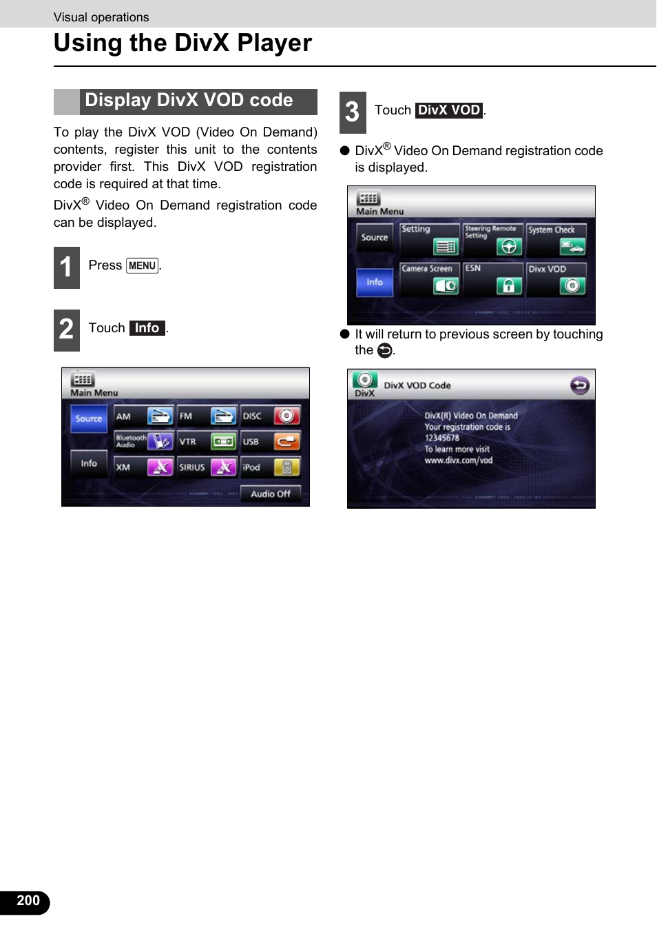 Display divx vod code, Using the divx player | Eclipse - Fujitsu Ten ECLIPSE AVN726E User Manual | Page 202 / 230