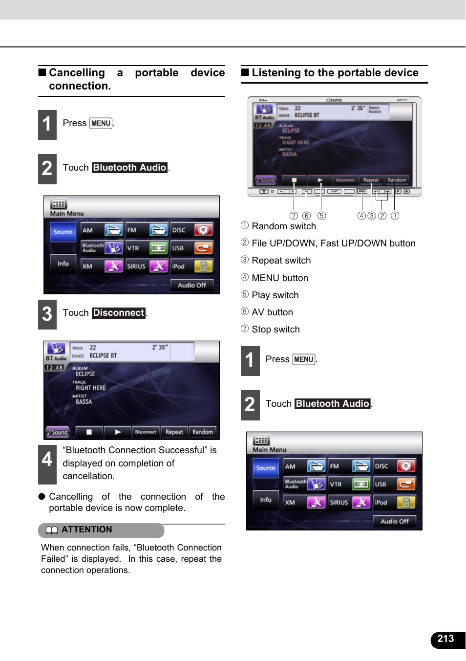 Cancelling a portable device connection, Listening to the portable device | Eclipse - Fujitsu Ten ECLIPSE AVN726E User Manual | Page 215 / 230