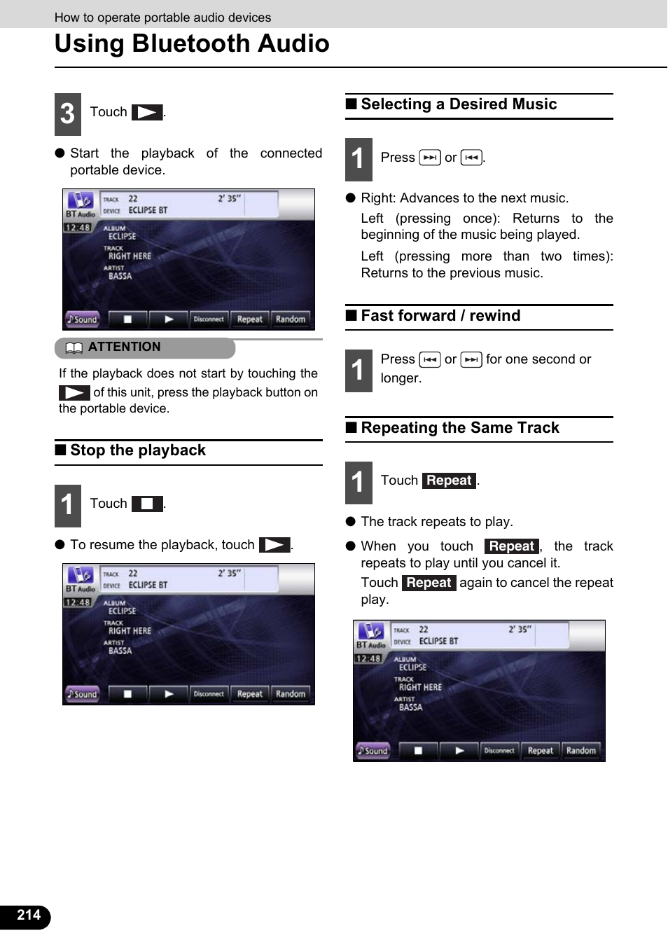 Stop the playback, Selecting a desired music, Fast forward / rewind | Repeating the same track, Using bluetooth audio | Eclipse - Fujitsu Ten ECLIPSE AVN726E User Manual | Page 216 / 230