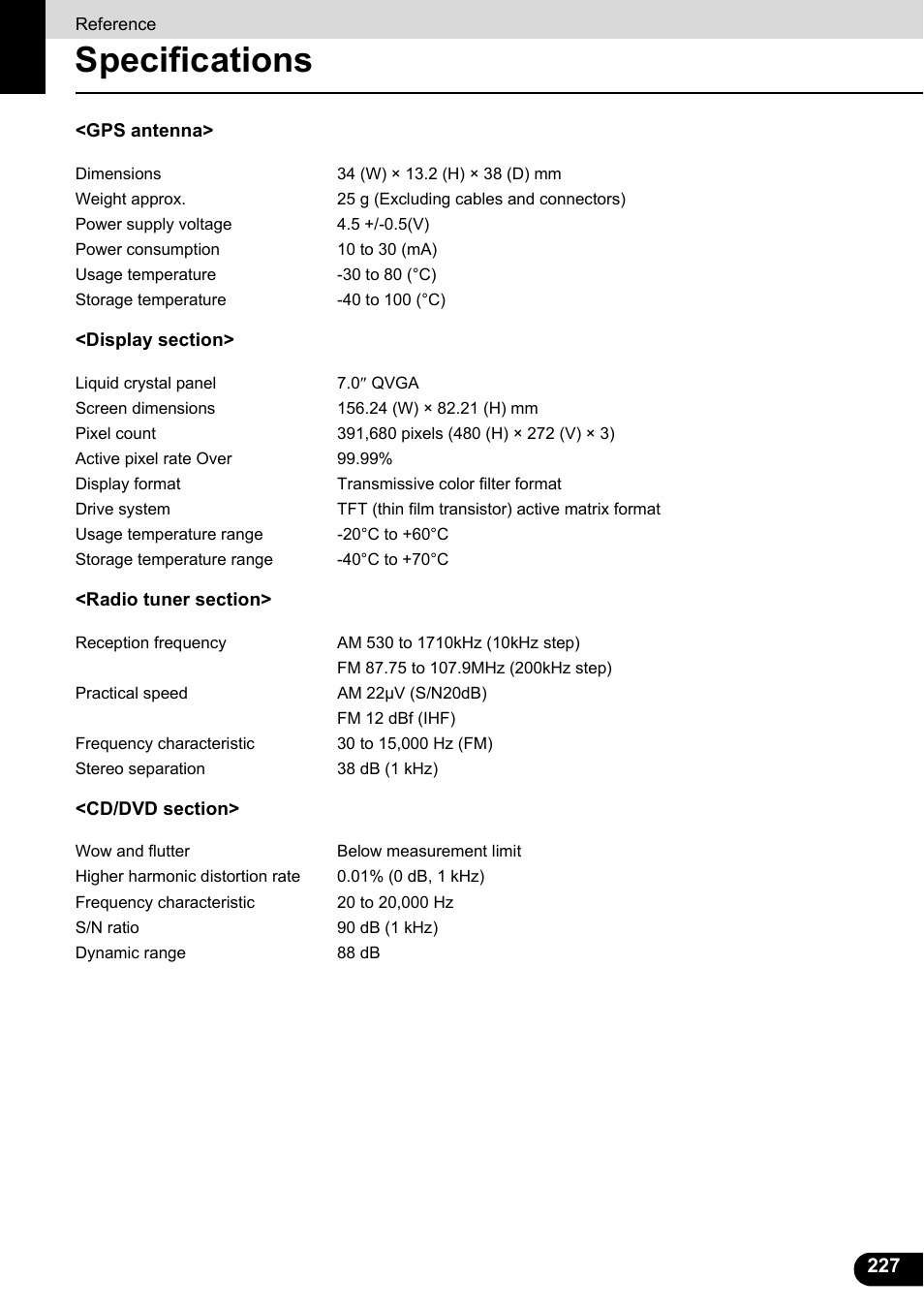 Specifications | Eclipse - Fujitsu Ten ECLIPSE AVN726E User Manual | Page 229 / 230