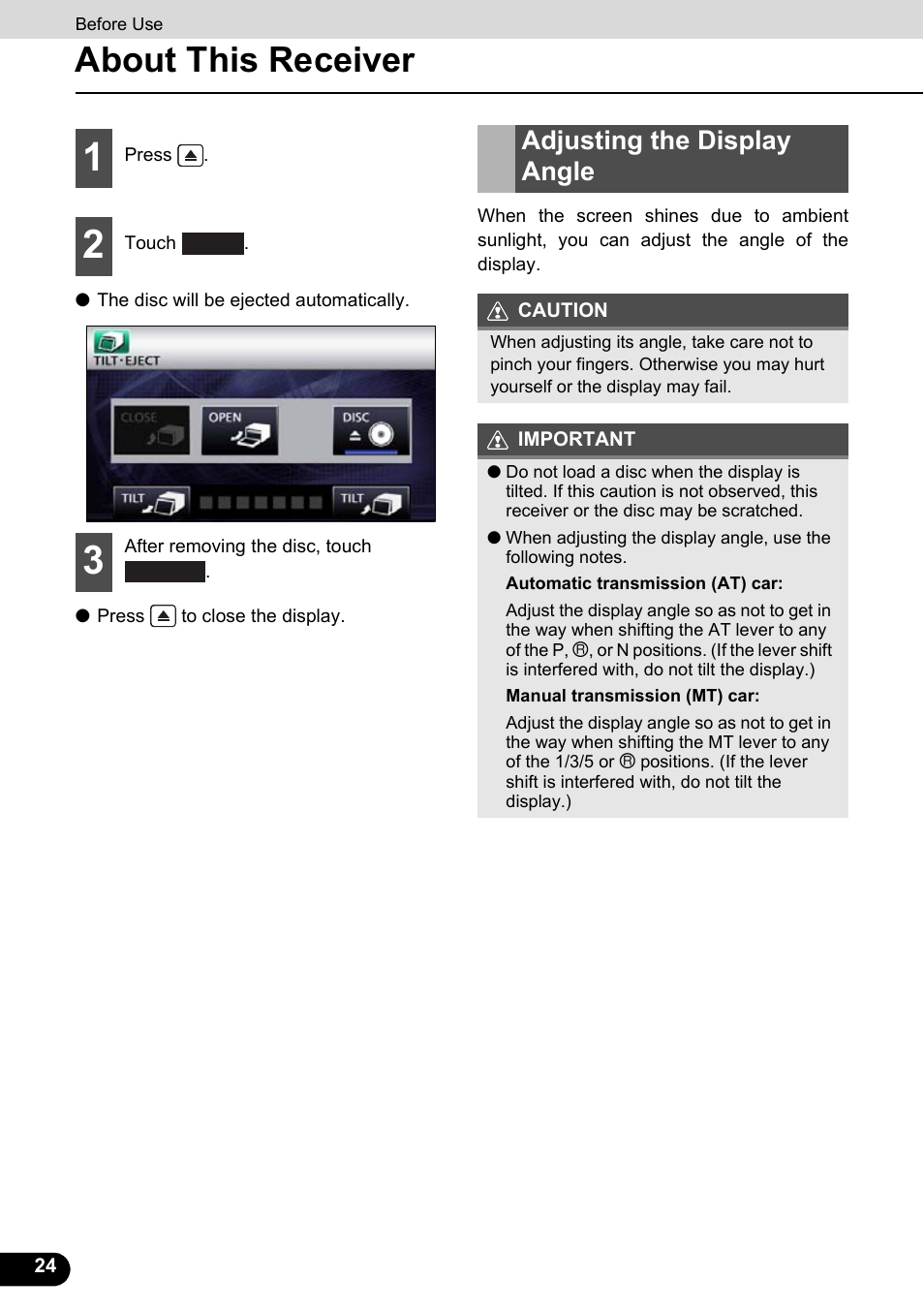 Adjusting the display angle, About this receiver | Eclipse - Fujitsu Ten ECLIPSE AVN726E User Manual | Page 26 / 230