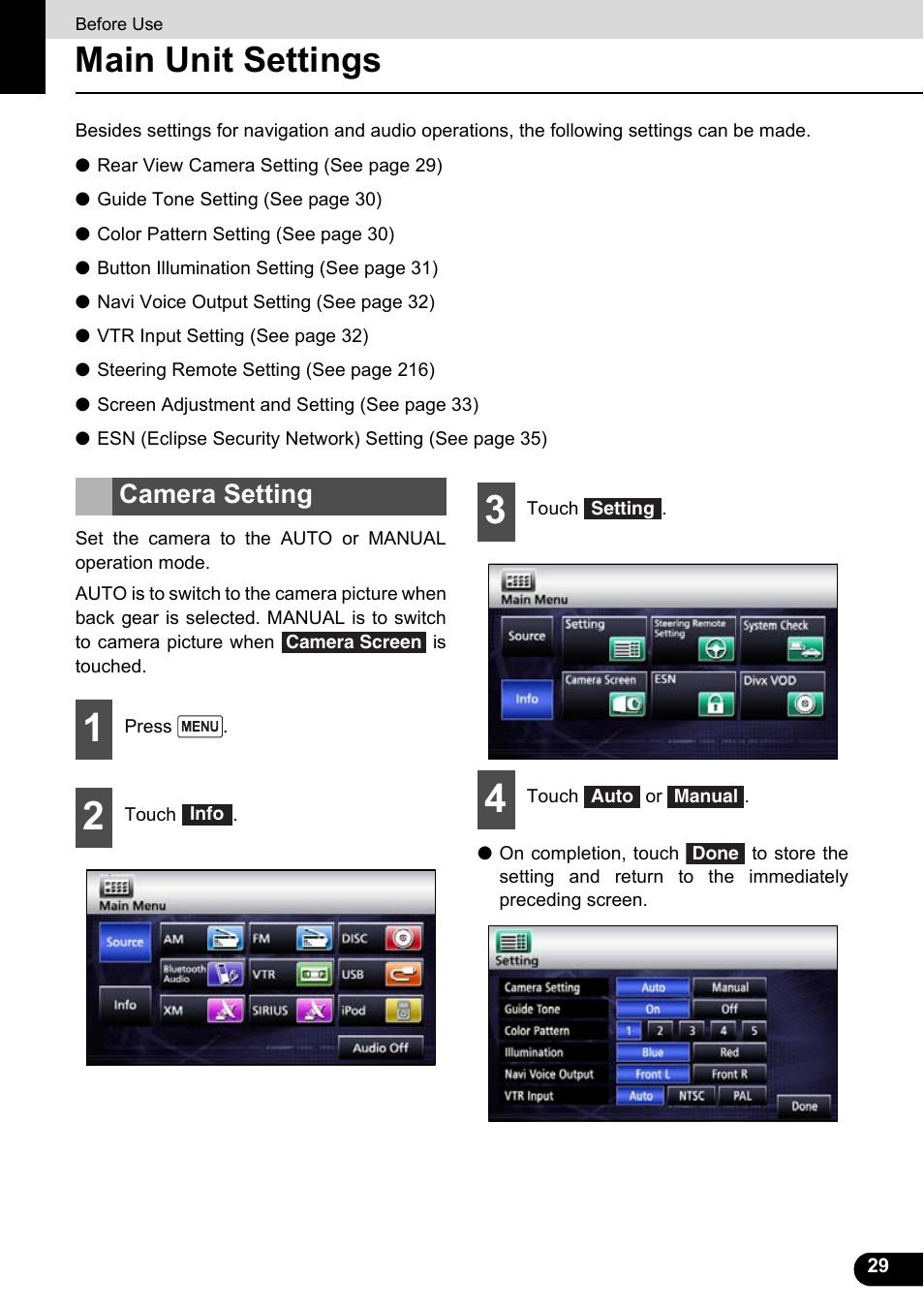 Main unit settings, Camera setting | Eclipse - Fujitsu Ten ECLIPSE AVN726E User Manual | Page 31 / 230