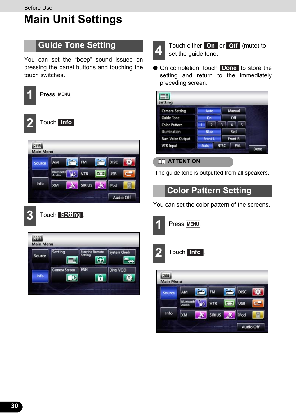 Guide tone setting, Color pattern setting, Guide tone setting color pattern setting | Main unit settings | Eclipse - Fujitsu Ten ECLIPSE AVN726E User Manual | Page 32 / 230