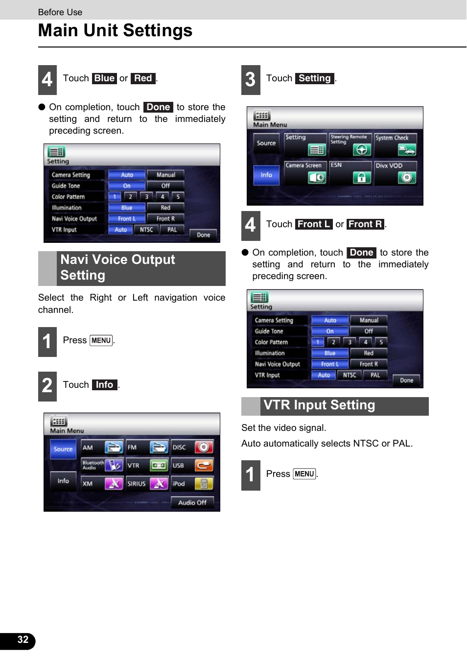 Navi voice output setting, Vtr input setting, Navi voice output setting vtr input setting | Main unit settings | Eclipse - Fujitsu Ten ECLIPSE AVN726E User Manual | Page 34 / 230