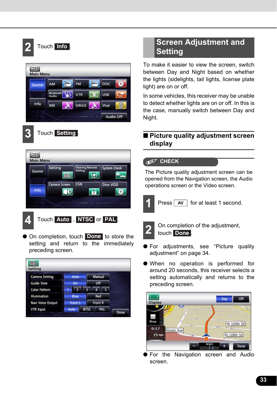 Screen adjustment and setting, Picture quality adjustment screen display | Eclipse - Fujitsu Ten ECLIPSE AVN726E User Manual | Page 35 / 230