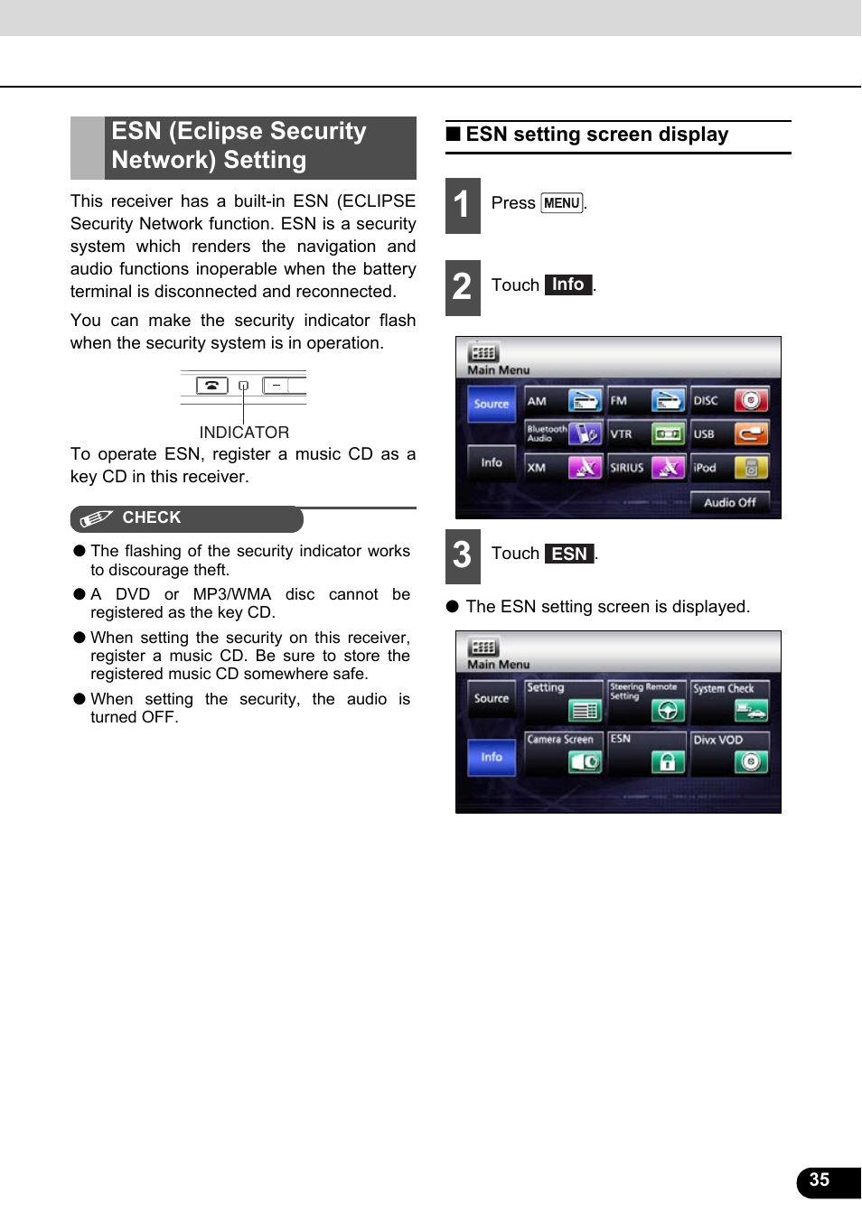 Esn (eclipse security network) setting, Esn setting screen display | Eclipse - Fujitsu Ten ECLIPSE AVN726E User Manual | Page 37 / 230
