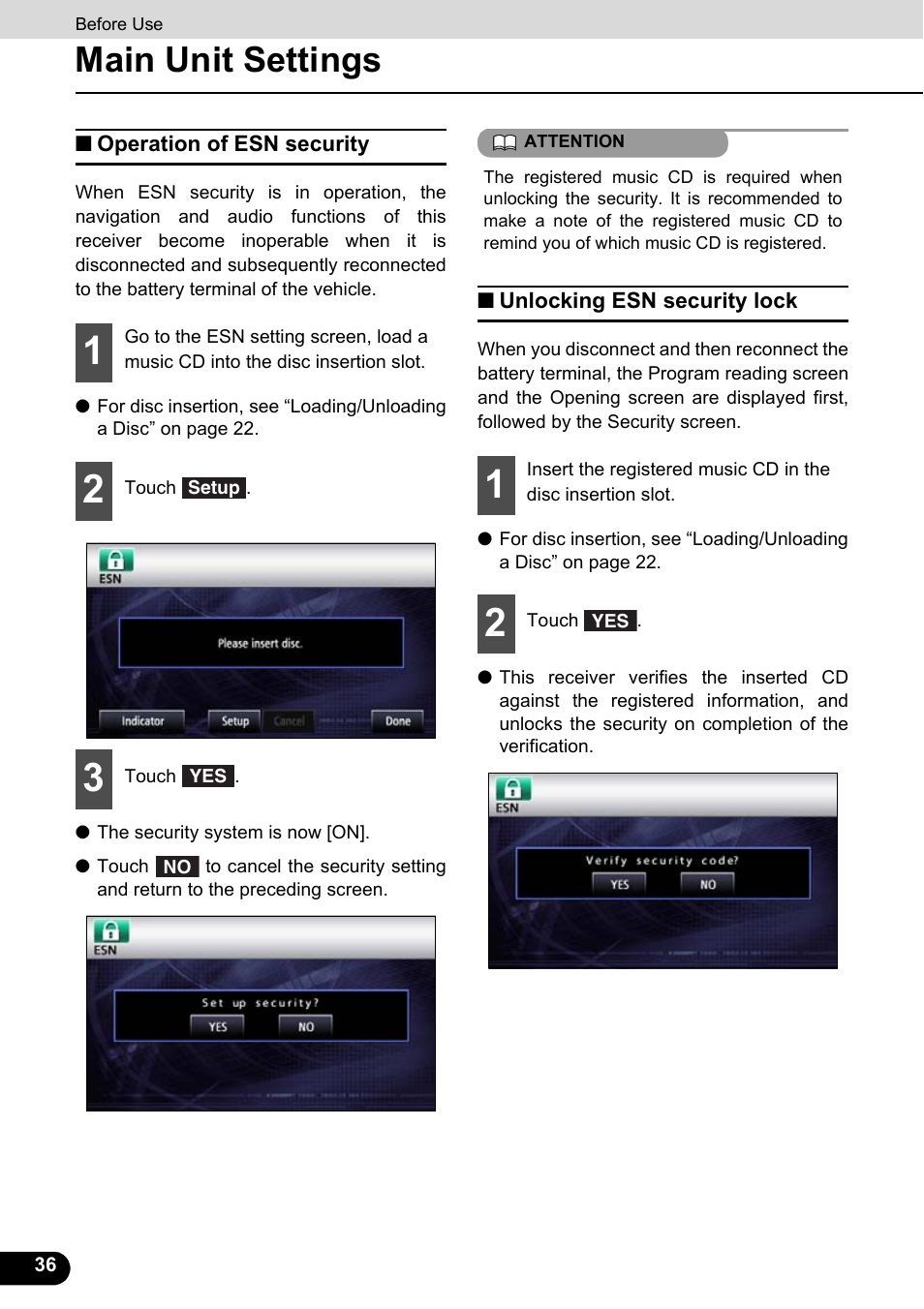Operation of esn security, Unlocking esn security lock, Main unit settings | Eclipse - Fujitsu Ten ECLIPSE AVN726E User Manual | Page 38 / 230