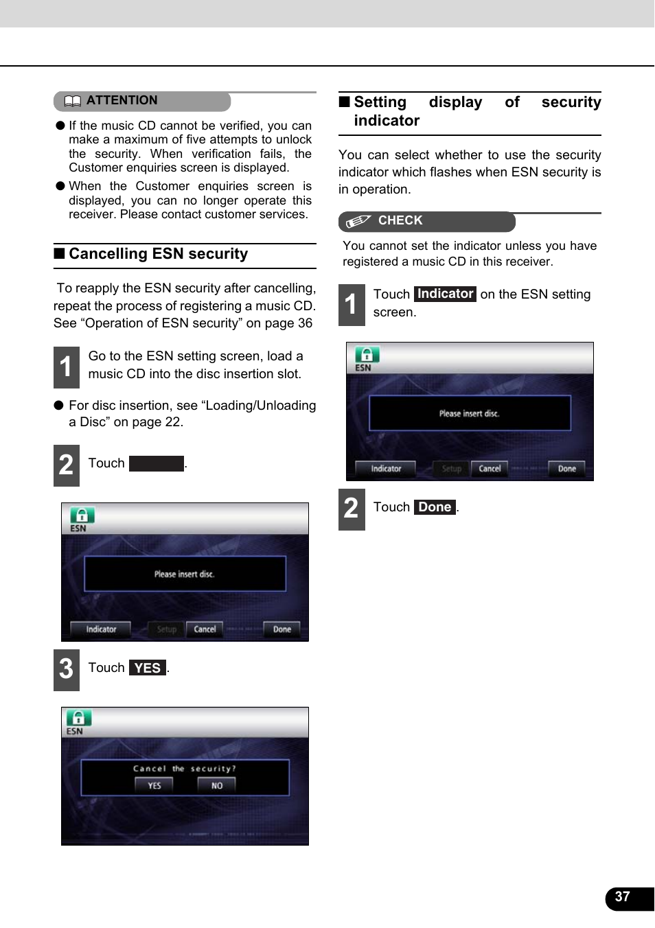 Cancelling esn security, Setting display of security indicator | Eclipse - Fujitsu Ten ECLIPSE AVN726E User Manual | Page 39 / 230