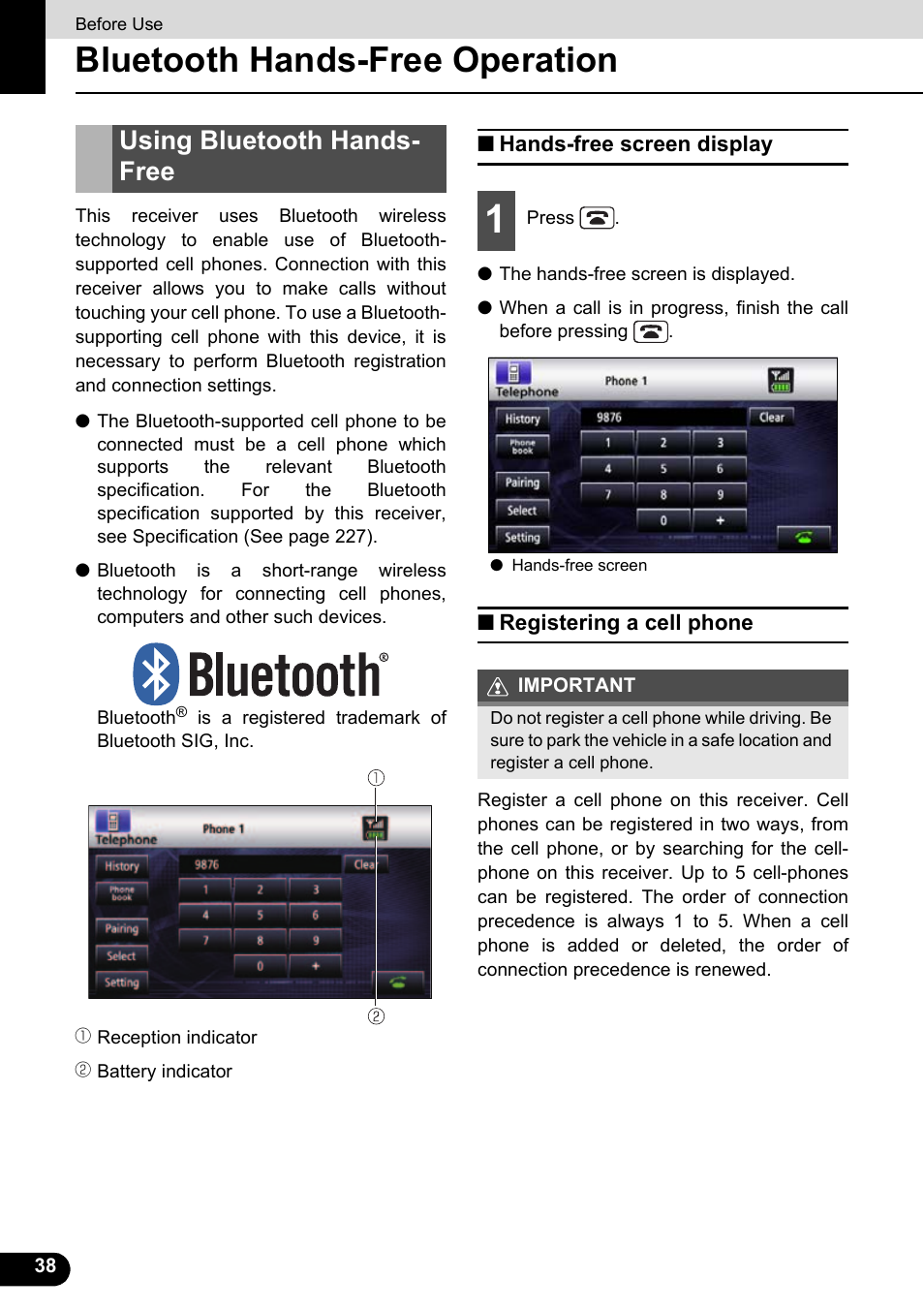 Bluetooth hands-free operation, Using bluetooth hands-free, Hands-free screen display | Registering a cell phone, Hands-free screen display registering a cell phone, Using bluetooth hands- free | Eclipse - Fujitsu Ten ECLIPSE AVN726E User Manual | Page 40 / 230