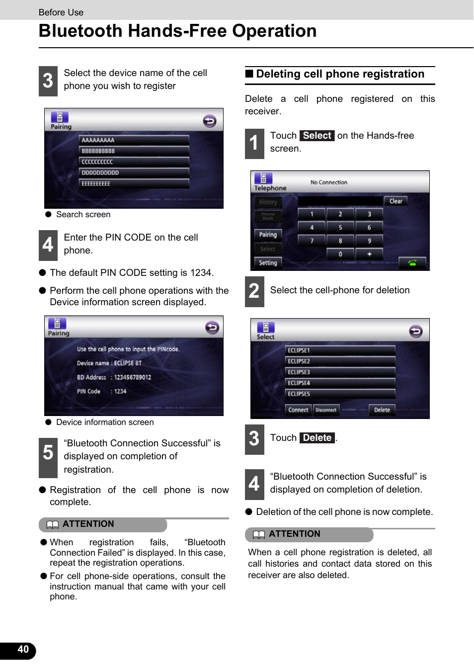 Deleting cell phone registration, Bluetooth hands-free operation | Eclipse - Fujitsu Ten ECLIPSE AVN726E User Manual | Page 42 / 230