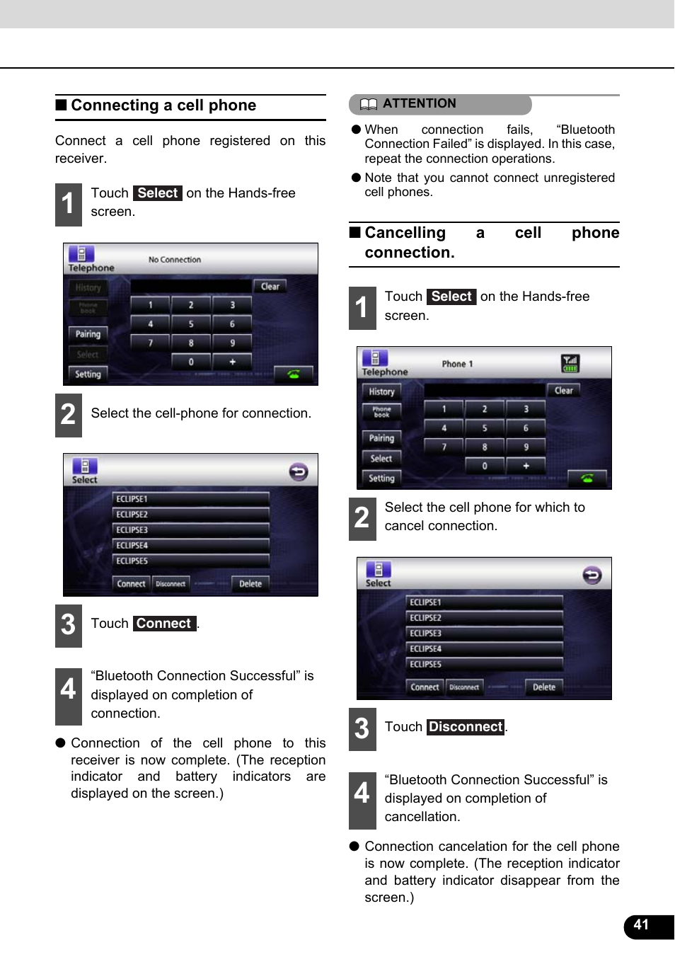 Connecting a cell phone, Cancelling a cell phone connection | Eclipse - Fujitsu Ten ECLIPSE AVN726E User Manual | Page 43 / 230