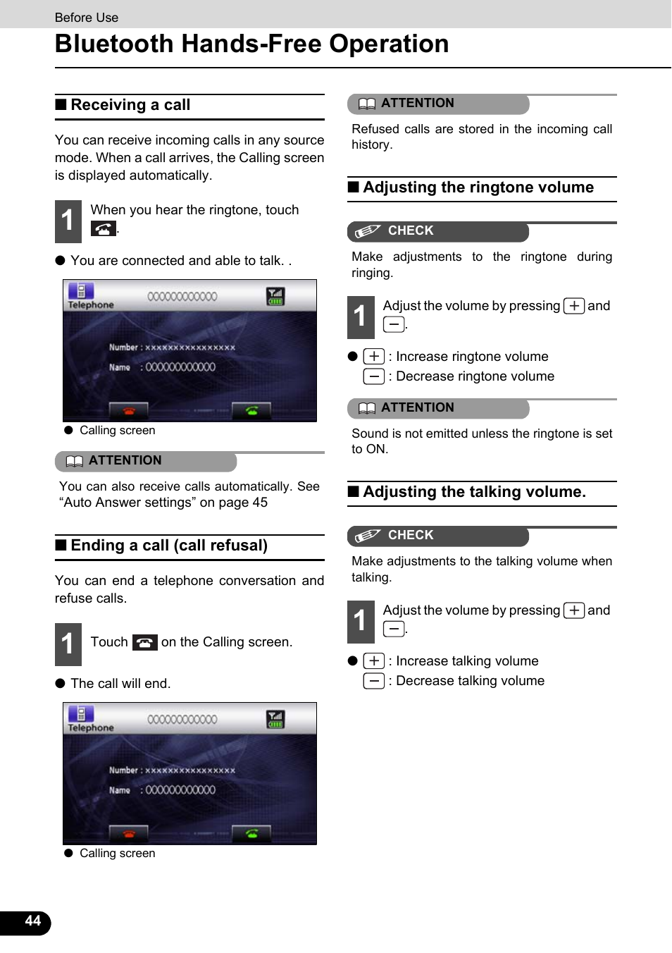 Receiving a call, Ending a call (call refusal), Adjusting the ringtone volume | Adjusting the talking volume, Bluetooth hands-free operation | Eclipse - Fujitsu Ten ECLIPSE AVN726E User Manual | Page 46 / 230