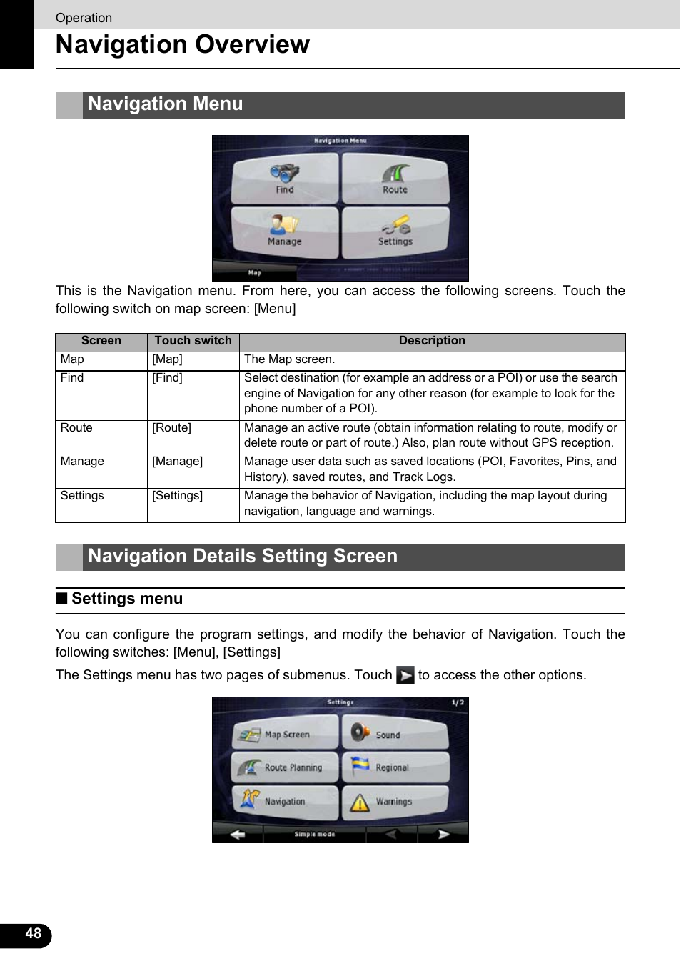 Operation, Navigation overview, Navigation menu | Navigation details setting screen, Settings menu, Navigation menu navigation details setting screen | Eclipse - Fujitsu Ten ECLIPSE AVN726E User Manual | Page 50 / 230