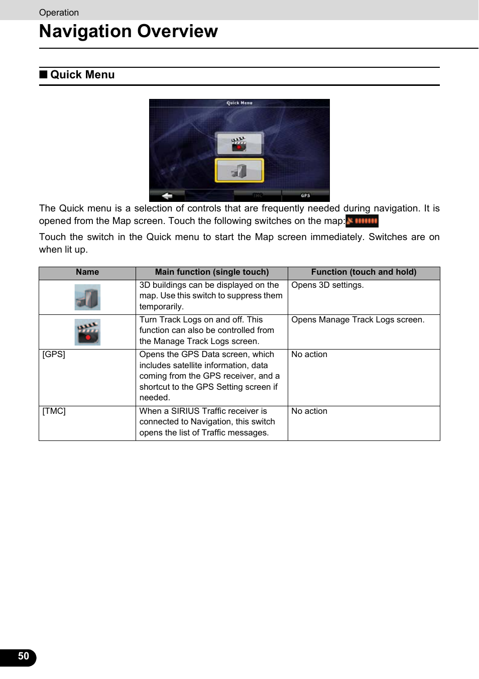 Quick menu, Navigation overview | Eclipse - Fujitsu Ten ECLIPSE AVN726E User Manual | Page 52 / 230