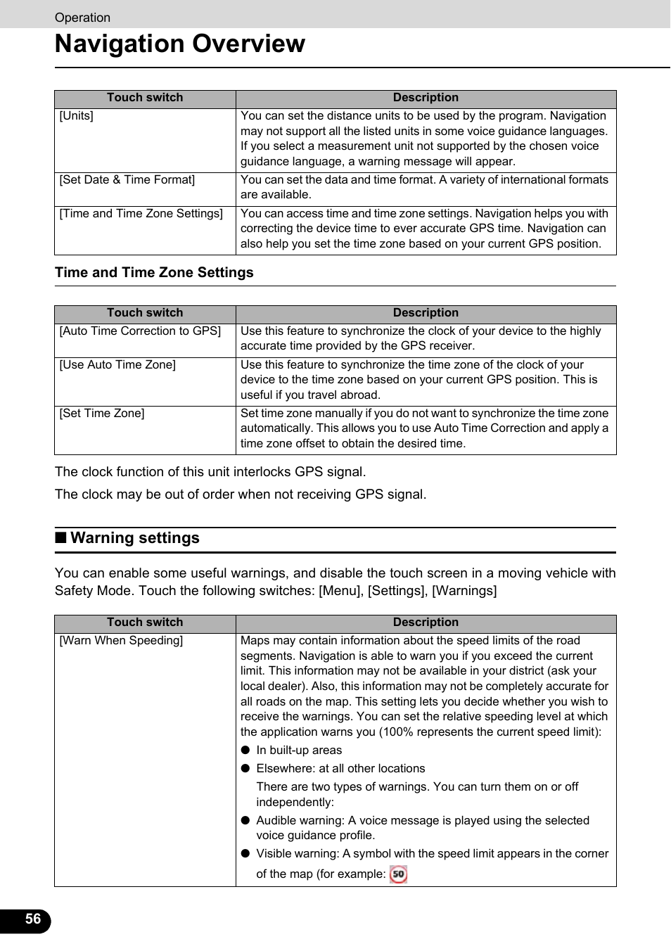 Warning settings, Time and time zone settings, Navigation overview | Eclipse - Fujitsu Ten ECLIPSE AVN726E User Manual | Page 58 / 230