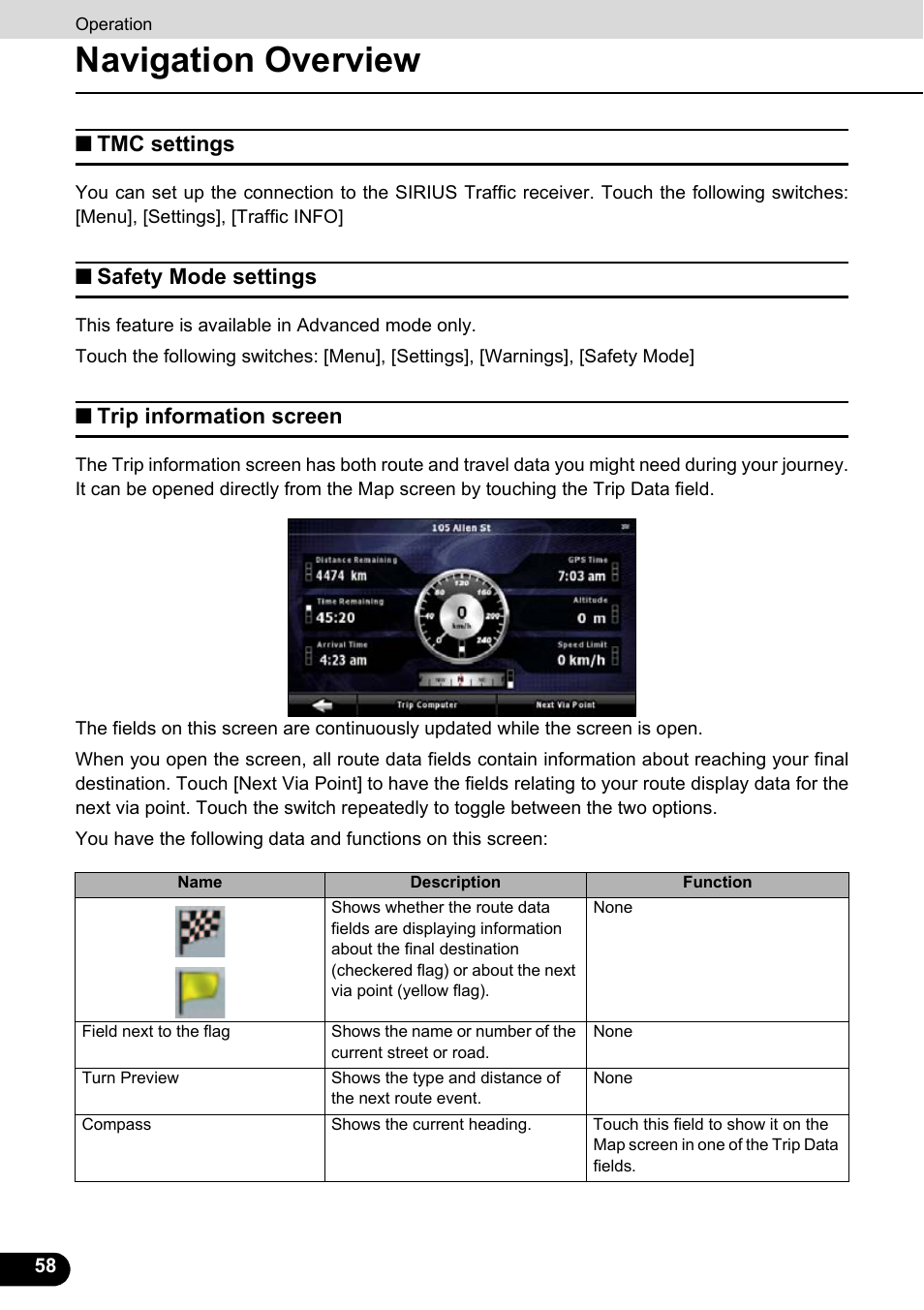 Tmc settings, Safety mode settings, Trip information screen | Navigation overview | Eclipse - Fujitsu Ten ECLIPSE AVN726E User Manual | Page 60 / 230