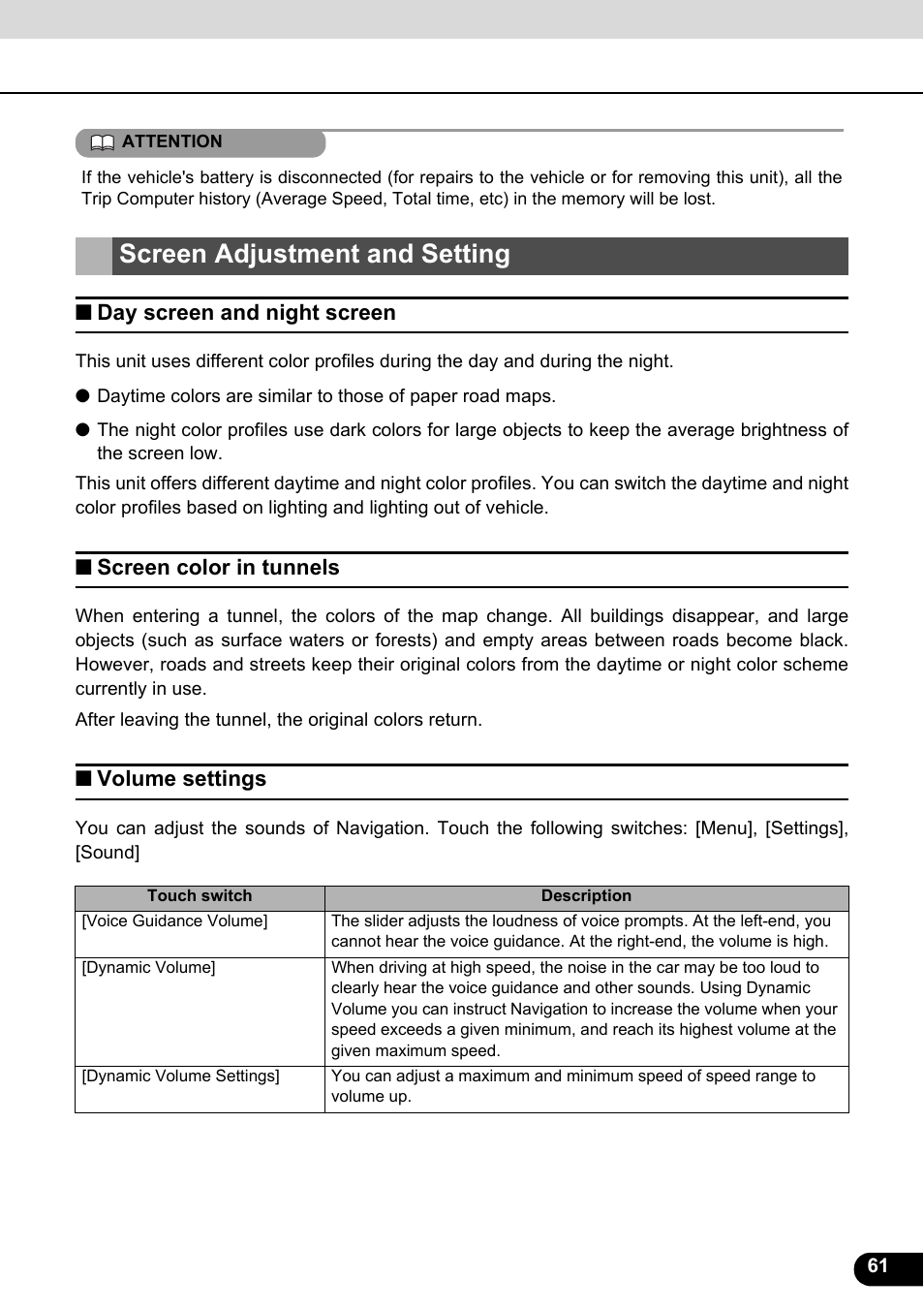 Screen adjustment and setting, Day screen and night screen, Screen color in tunnels | Volume settings | Eclipse - Fujitsu Ten ECLIPSE AVN726E User Manual | Page 63 / 230