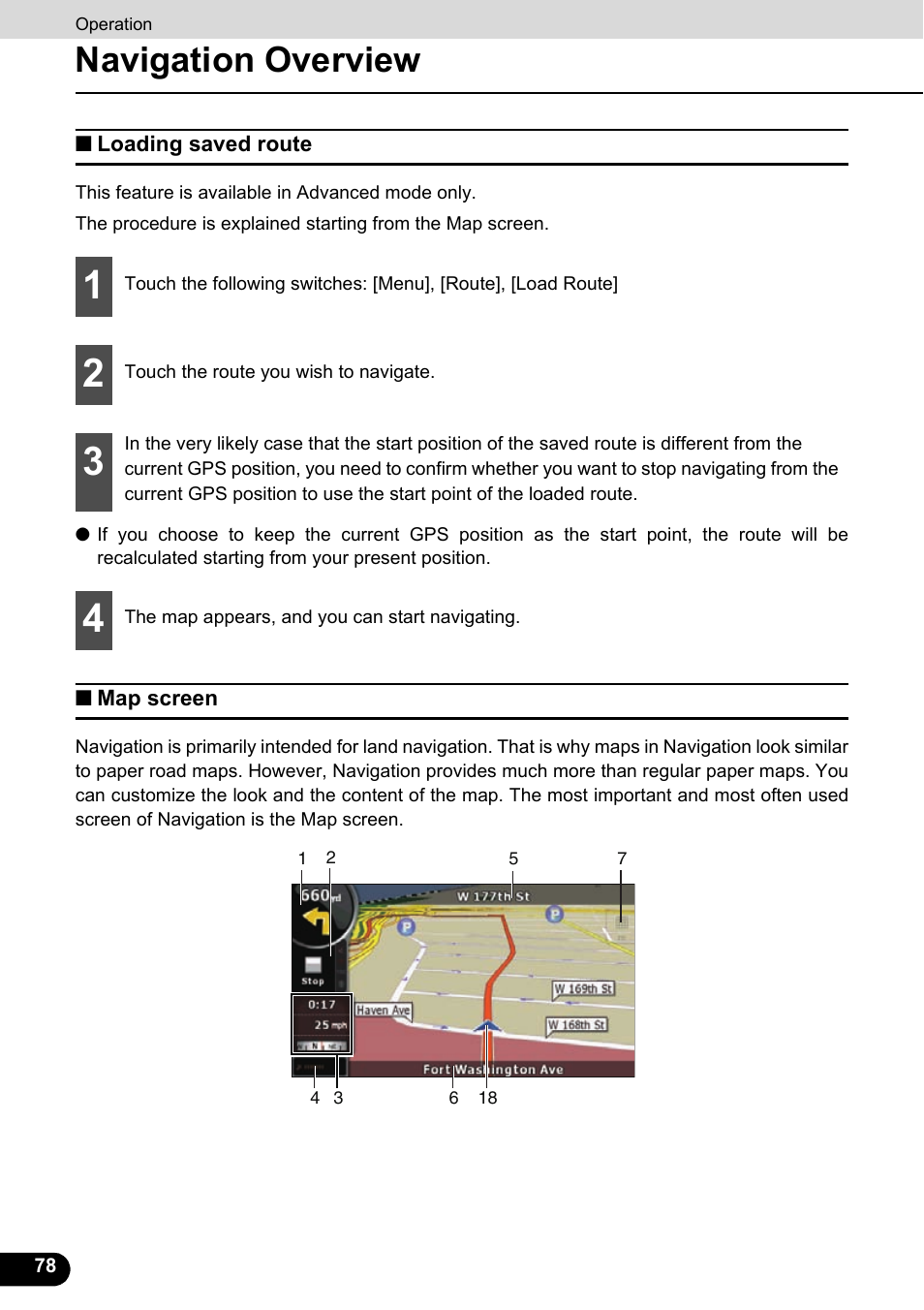 Loading saved route, Map screen, Loading saved route map screen | Navigation overview | Eclipse - Fujitsu Ten ECLIPSE AVN726E User Manual | Page 80 / 230