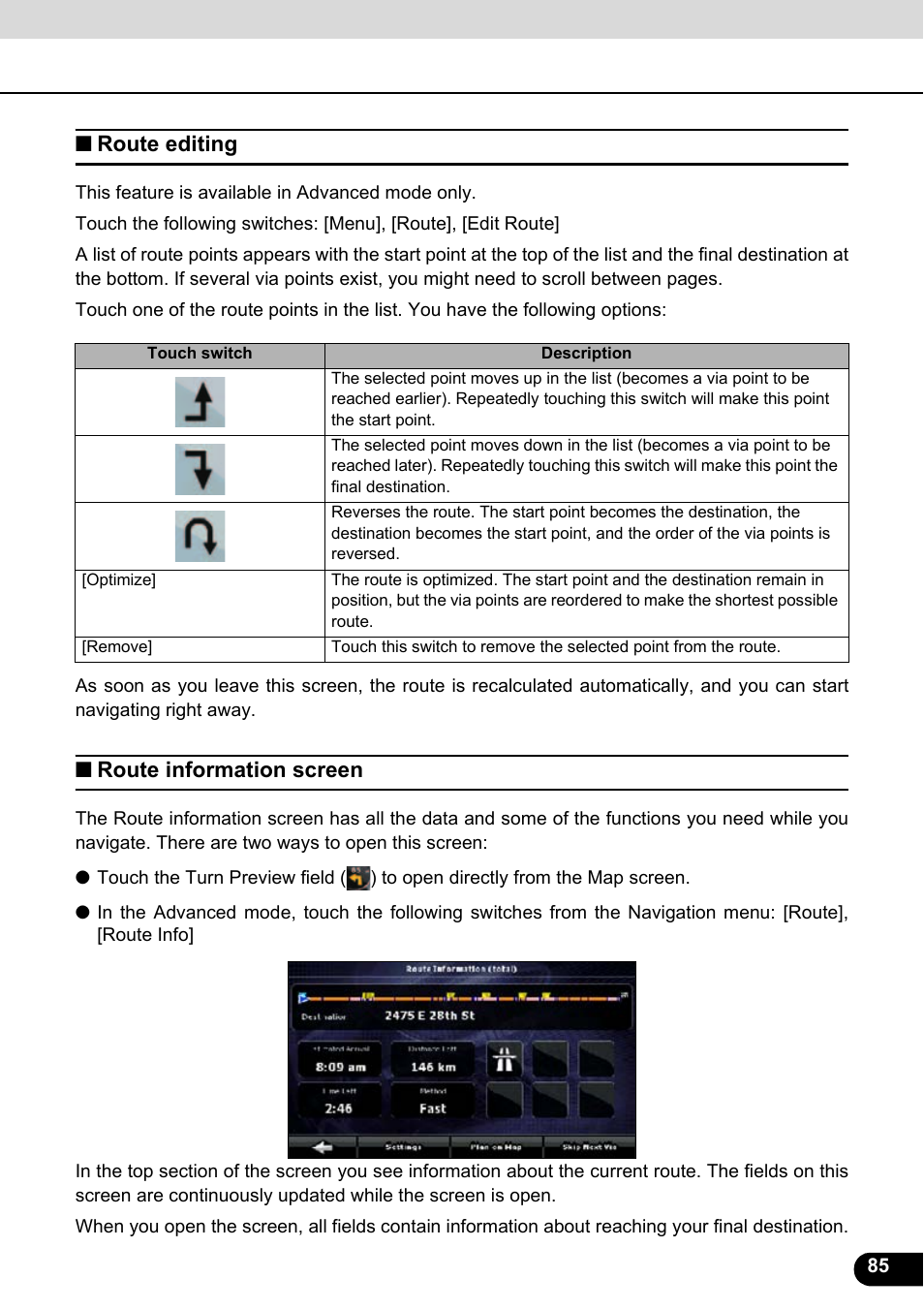 Route editing, Route information screen, Route editing route information screen | Eclipse - Fujitsu Ten ECLIPSE AVN726E User Manual | Page 87 / 230