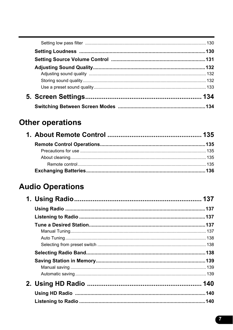 Other operations, Audio operations, Screen settings | About remote control, Using radio, Using hd radio | Eclipse - Fujitsu Ten ECLIPSE AVN726E User Manual | Page 9 / 230