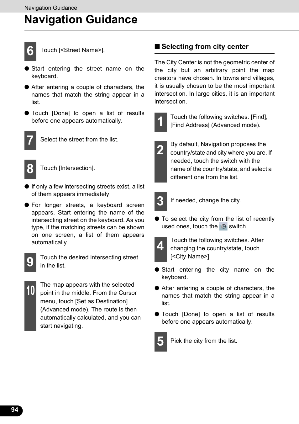 Selecting from city center, Navigation guidance | Eclipse - Fujitsu Ten ECLIPSE AVN726E User Manual | Page 96 / 230