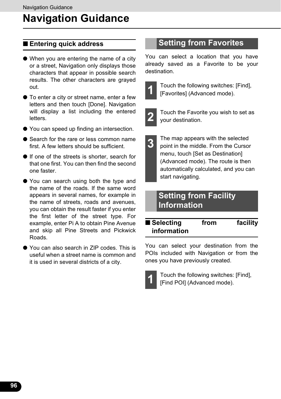 Entering quick address, Setting from favorites, Setting from facility information | Selecting from facility information, Navigation guidance | Eclipse - Fujitsu Ten ECLIPSE AVN726E User Manual | Page 98 / 230