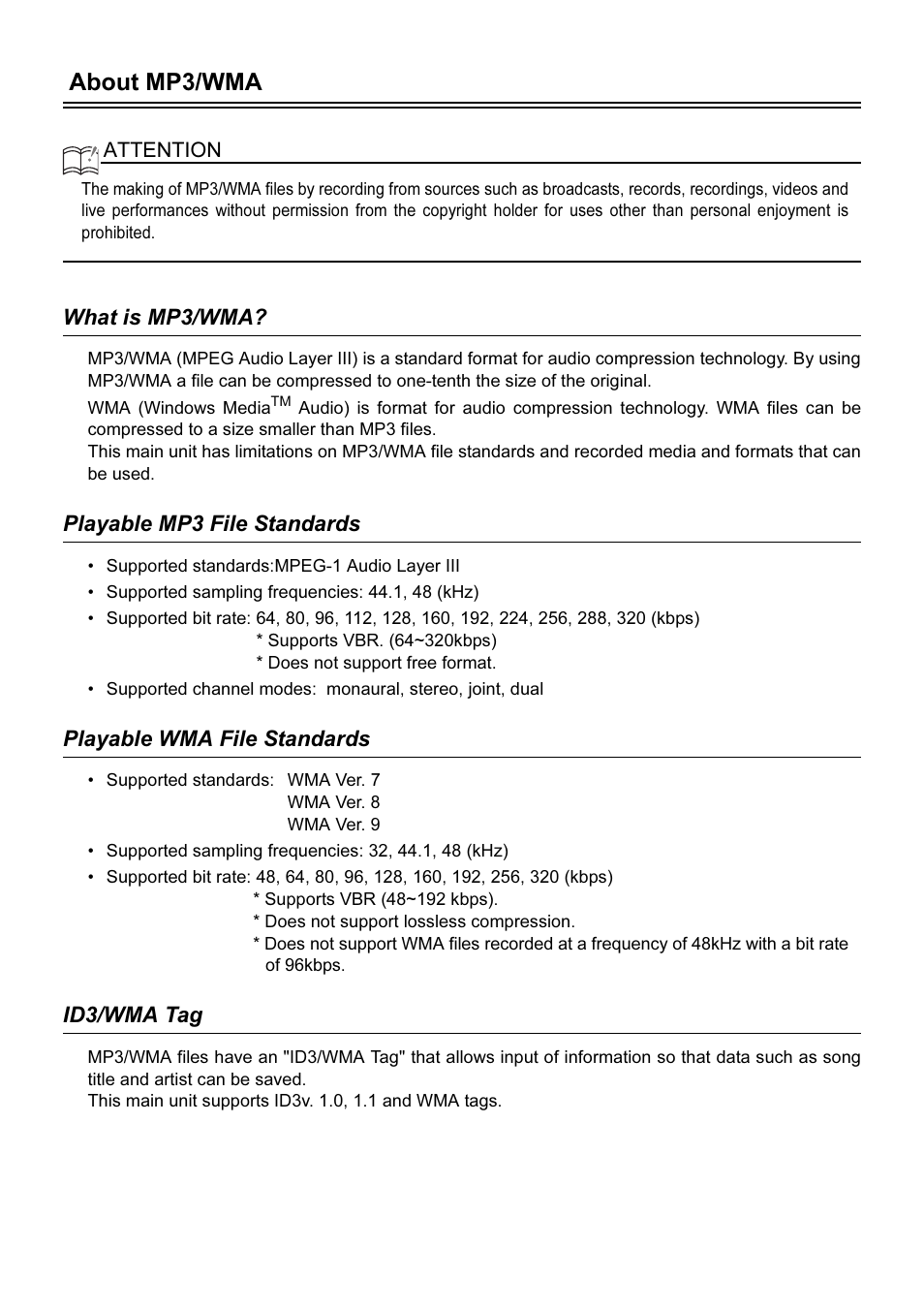 About mp3/wma, What is mp3/wma, Playable mp3 file standards | Playable wma file standards, Id3/wma tag | Eclipse - Fujitsu Ten AVN2210p User Manual | Page 14 / 42