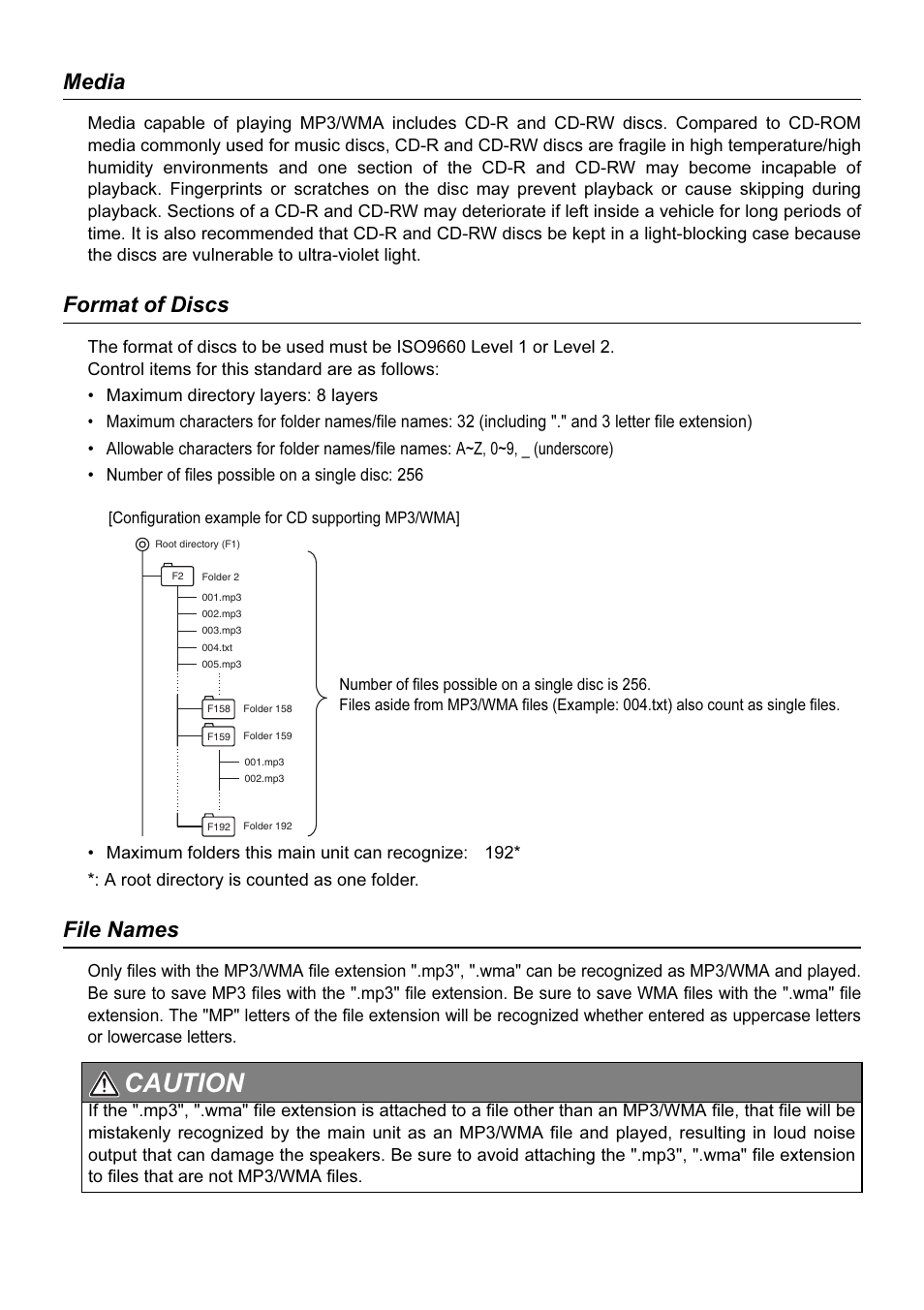 Media, Format of discs, File names | Caution | Eclipse - Fujitsu Ten AVN2210p User Manual | Page 15 / 42